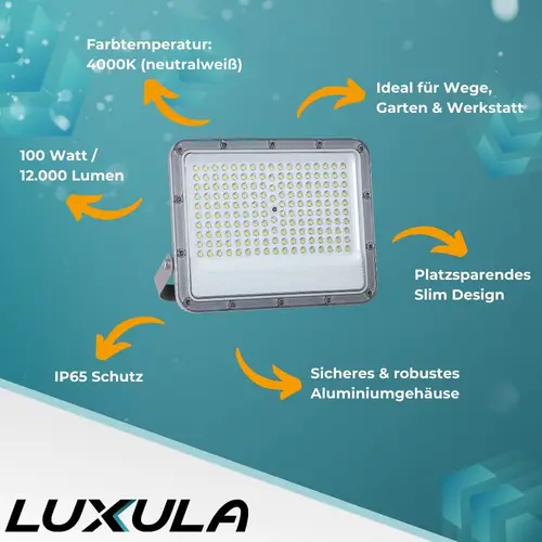 LUXULA LED-Fluter, EEK: E, 100W, 12000lm, 4000K, IP65, grau LUXULA LED-Fluter, EEK: E, 100W, 12000lm, 4000K, IP65, grau