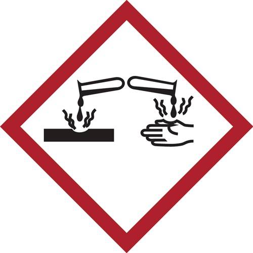 Ein rotes, rauten­förmiges Gefahrensymbol mit zwei Reagenzgläsern, die Flüssigkeit auf eine Oberfläche gießen, und einer Hand, das ätzende Materialien kennzeichnet.