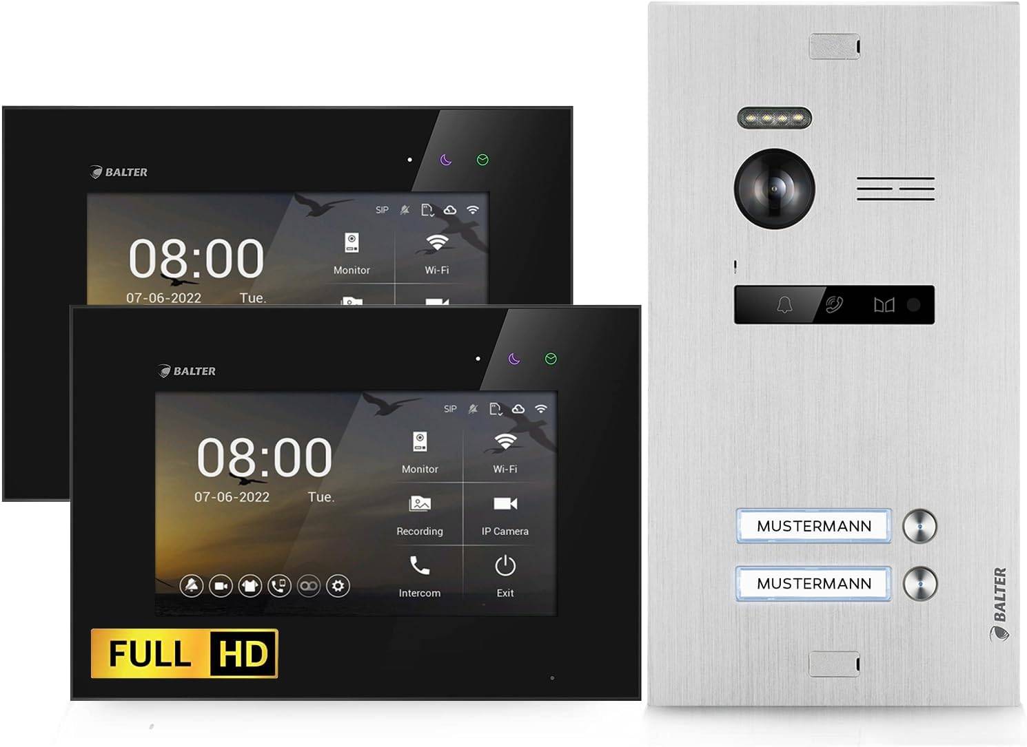 HD Video Türsprechanlage mit Smartphone App für 2 Familienhaus, 2x Monitor, Balter EVO HD WLAN Silber/Schwarz