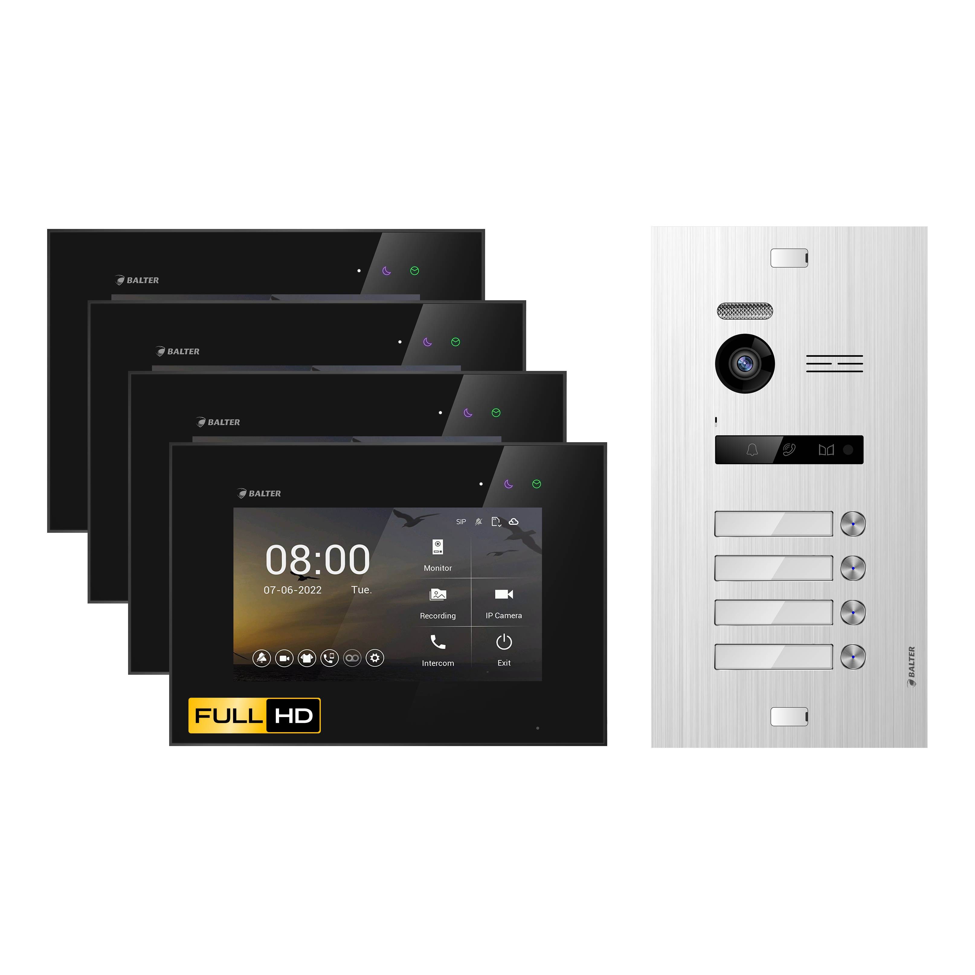 HD Video Türsprechanlage für 4 Familienhaus, 4x Monitor, Balter EVO HD Silber/Schwarz