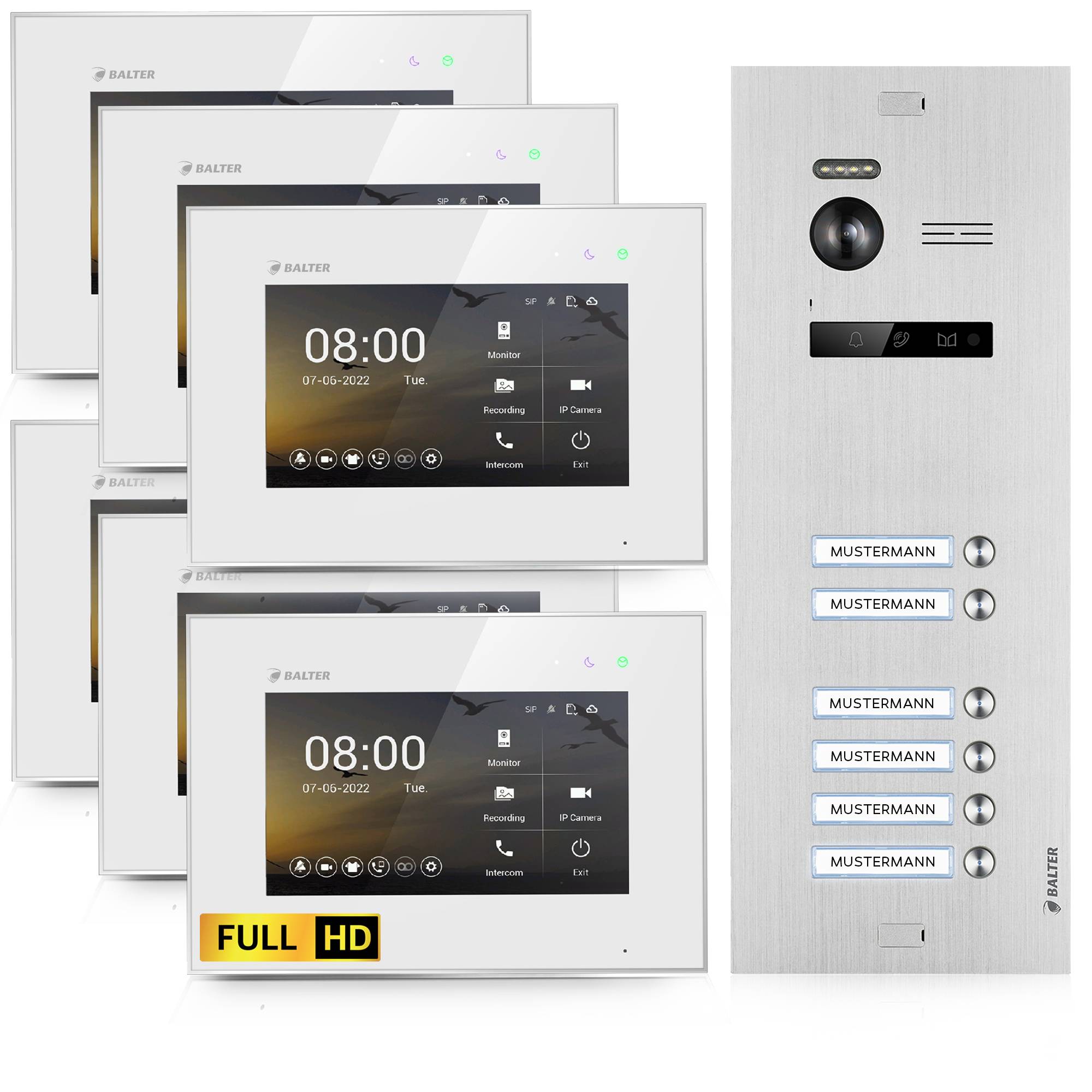 HD Video Türsprechanlage für 6 Familienhaus, 6x Monitor, Balter EVO HD
