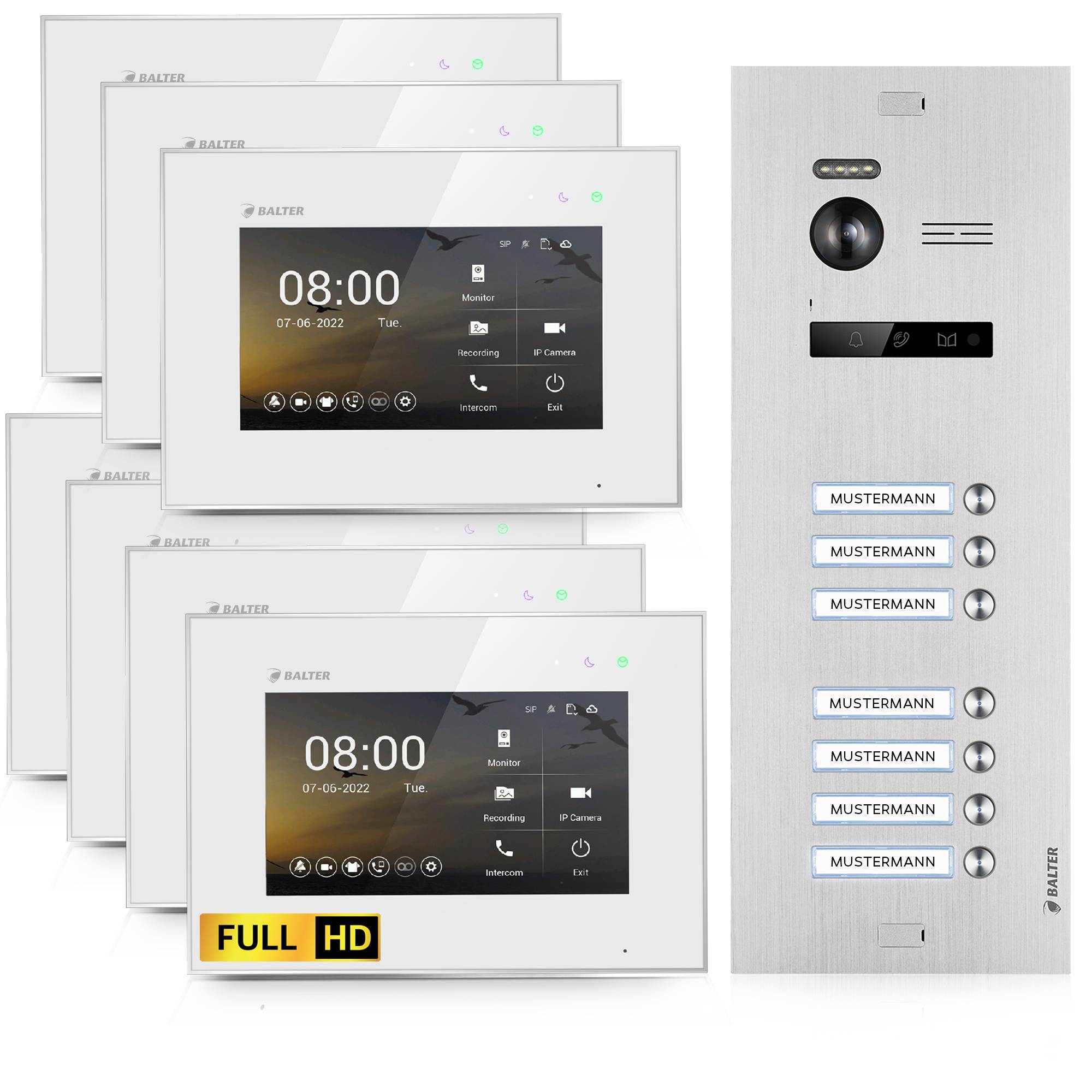 HD Video Türsprechanlage für 7 Familienhaus, 7x Monitor, Balter EVO HD