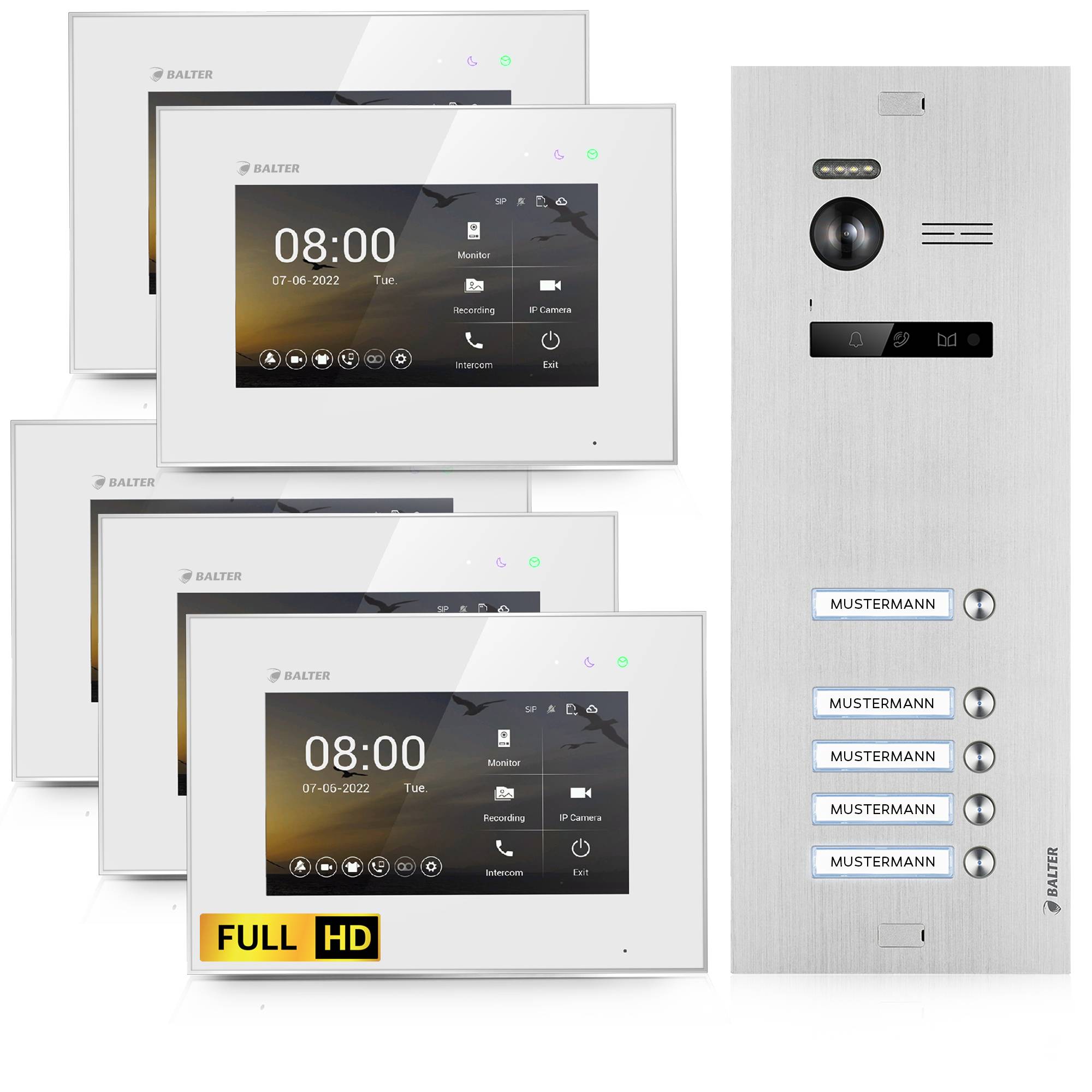HD Video Türsprechanlage für 5 Familienhaus, 5x Monitor, Balter EVO HD
