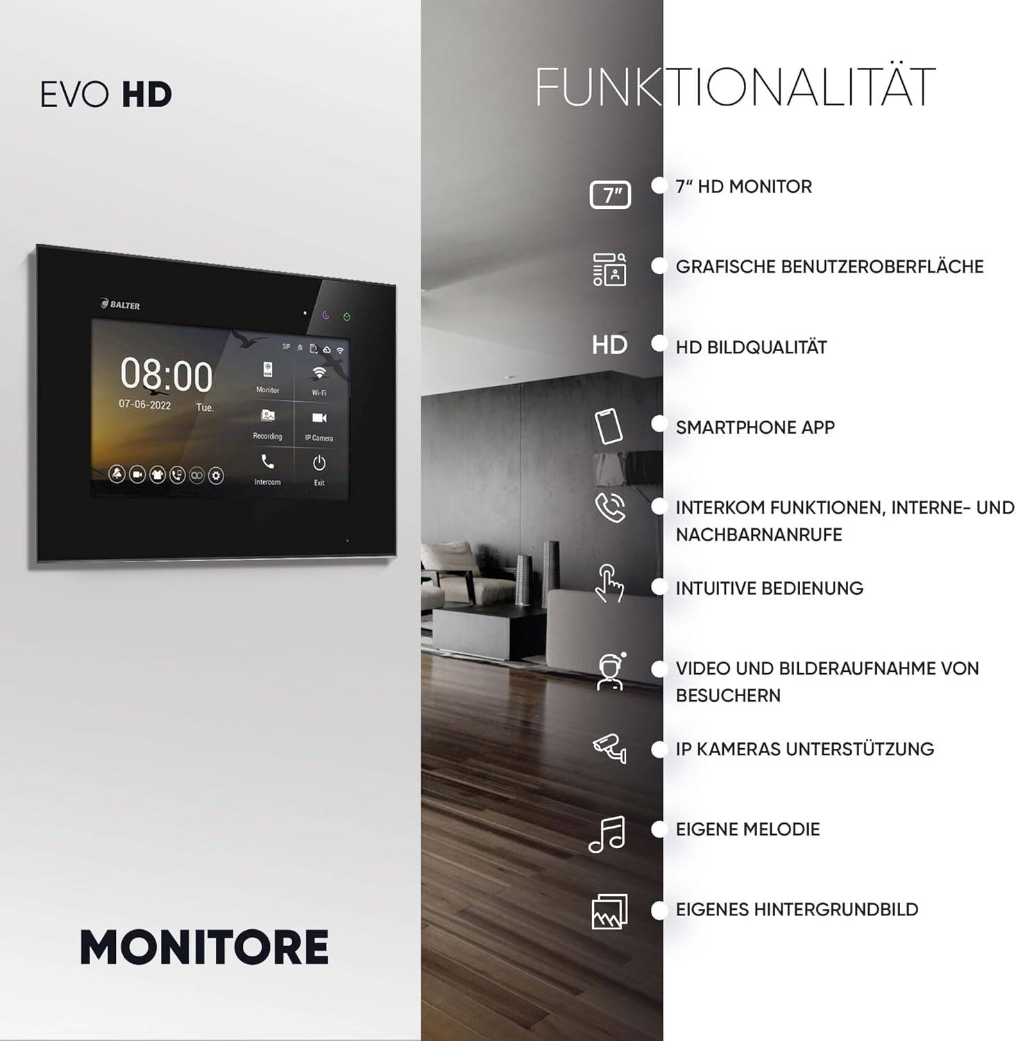HD Video Türsprechanlage mit Smartphone App für 3 Familienhaus, 3x Monitor, Balter EVO HD Silber Schwarz