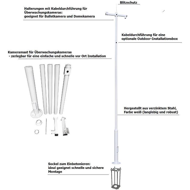 Kameramast 6m - Überwachungskamera Mast weiß, Kameramast | Features:Unterstützt Kennzeichenerkennung, Unterstützt Perim