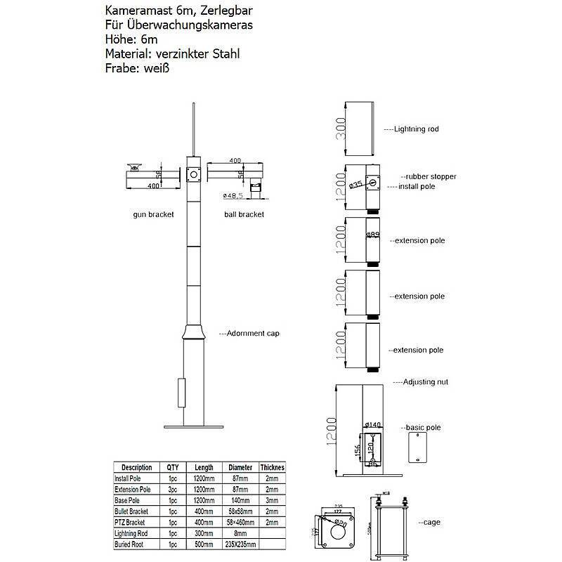 Kameramast 6m - Überwachungskamera Mast weiß, Kameramast | Features:Unterstützt Kennzeichenerkennung, Unterstützt Perim