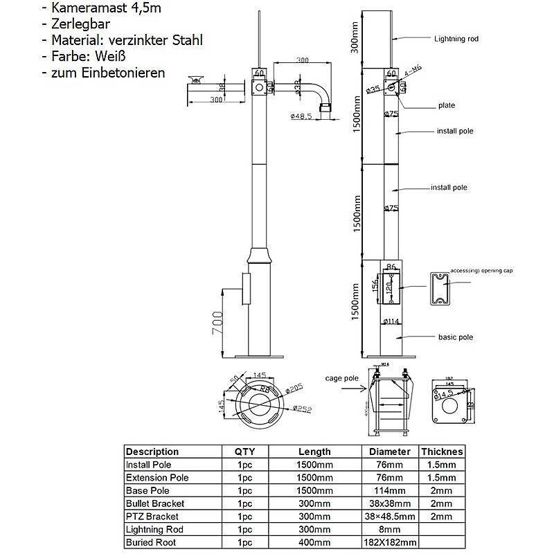 Kameramast 4,5m - Überwachungskamera Mast weiß, Kameramast | Features:Unterstützt Kennzeichenerkennung, Unterstützt Per