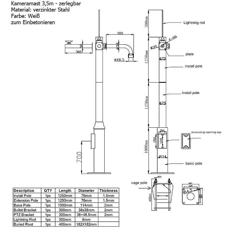 Kameramast 3,5m - Überwachungskamera Mast weiß, Kameramast | Features:Unterstützt Kennzeichenerkennung, Unterstützt Per