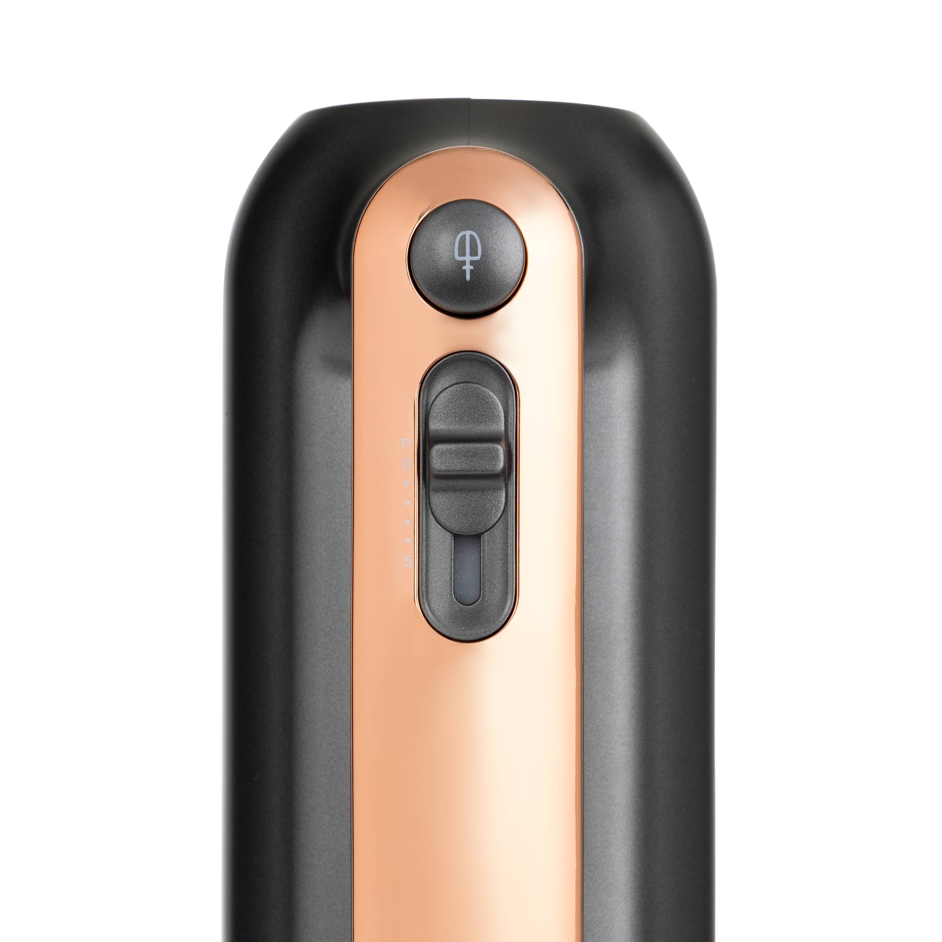 Eine Nahaufnahme eines Haarschneidegeräts mit schwarzem und goldenem Farbschema, das einen Ein-/Ausschalter und einen Verstellhebel aufweist.