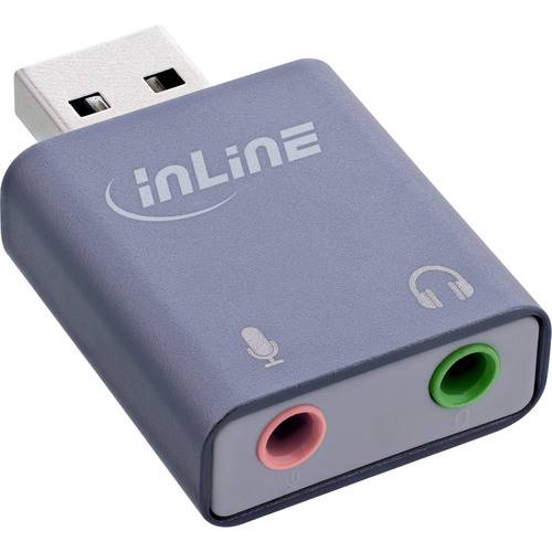 Ein kleiner USB-Audio-Adapter mit Anschlüssen für ein Mikrofon und Kopfhörer. Der Schriftzug 'inLine' ist auf seiner Oberfläche gedruckt.