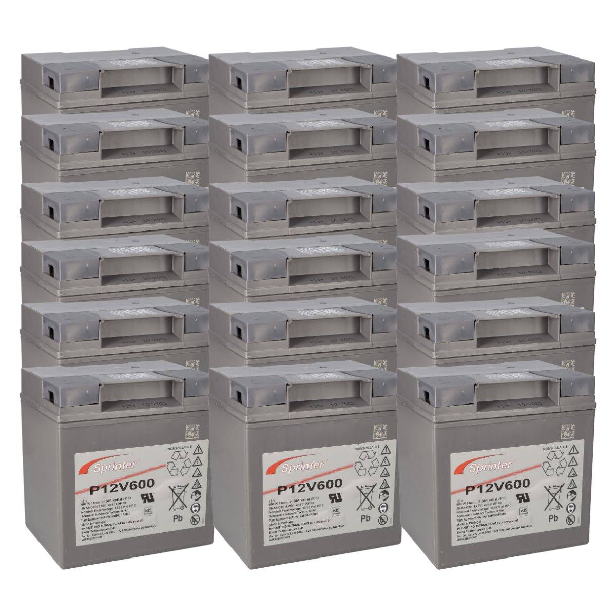 Akkusatz 18x Exide Sprinter P12V600 12V 24Ah passend für USV Notstrom Alarmsysteme