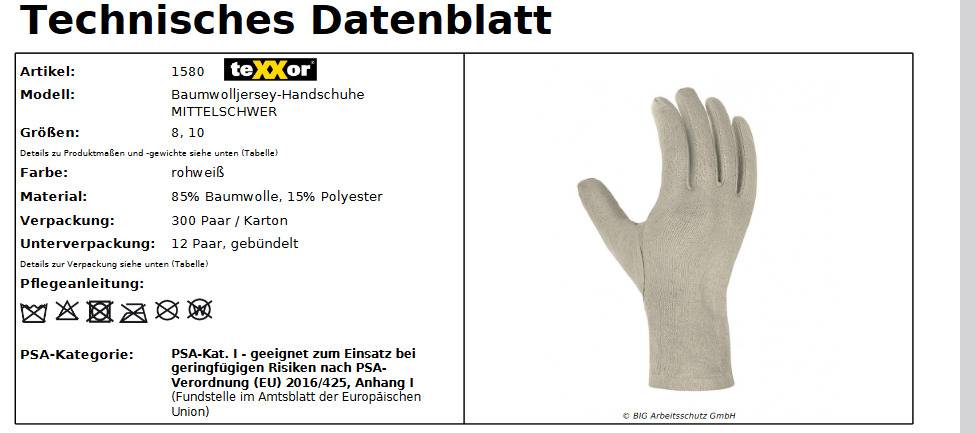 texxor 1580 Baumwolljersey-Handschuh mittelschwer Ausführung Gr8 12 Paar