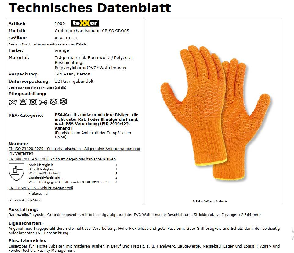 texxor 1900 Grobstrick-Handschuhe Criss Cross orange PVC Gr11 144 Paar