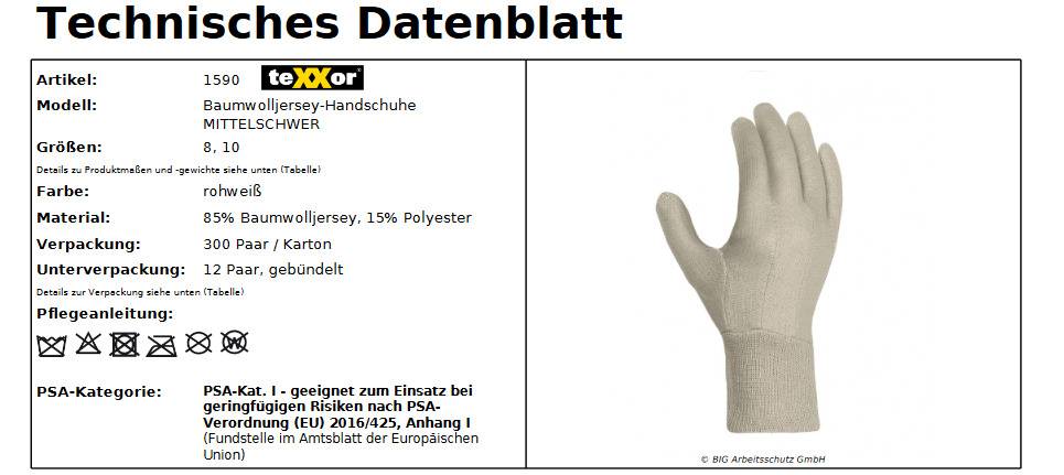 texxor 1590 Baumwolljersey-Handschuh mittelschwer Strickbund Gr10 12 Paar