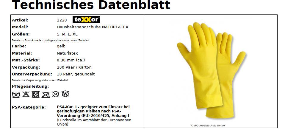 texxor 2220 latex Haushaltshandschuh zum putzen gelb Grip Gr7 10 Paar