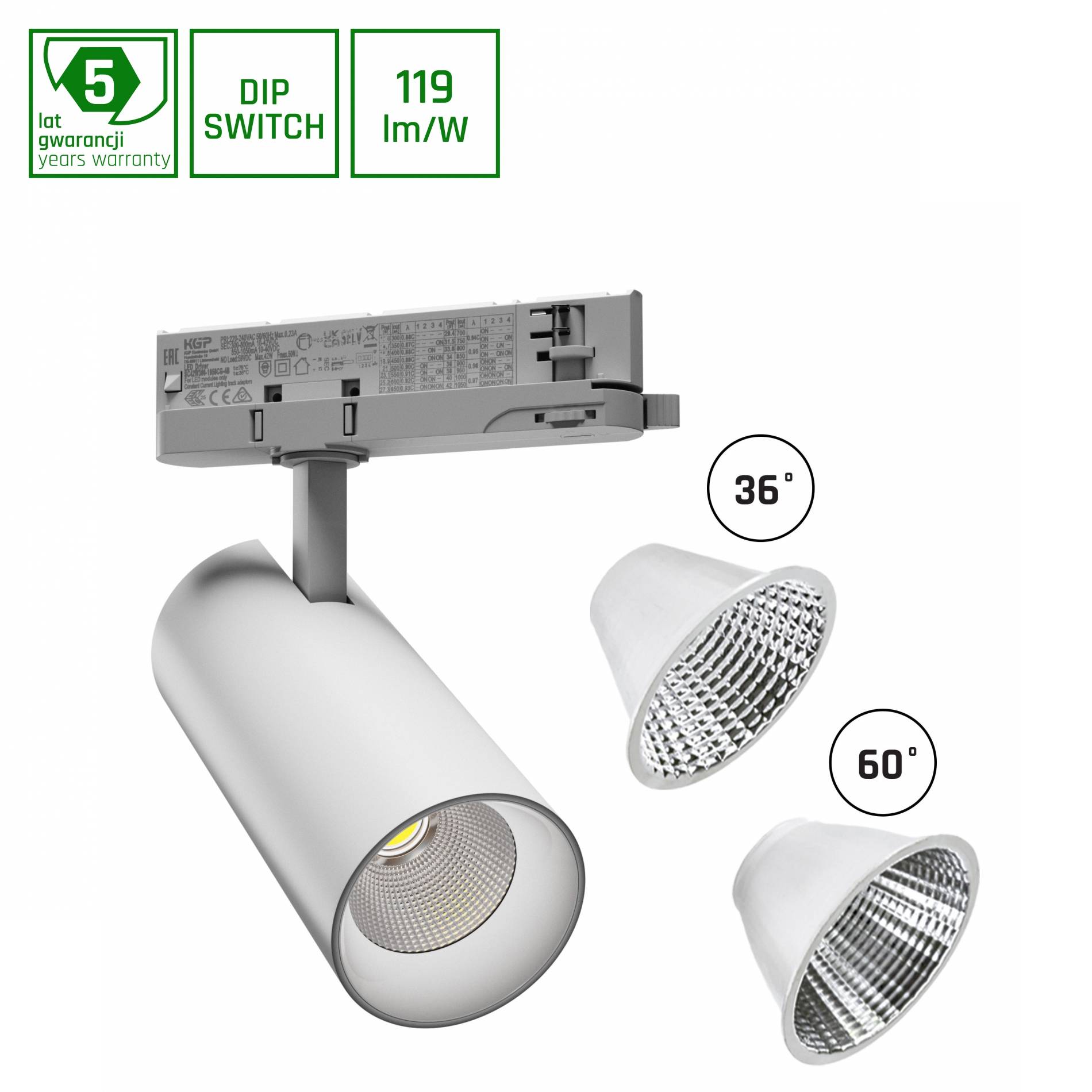 Spectrum LED 3-Phasen Stromschienenstrahler ANDROMEDA 15-27W 3200lm weiß 36°/60° 230V IP20 Neutralweiß 4000K