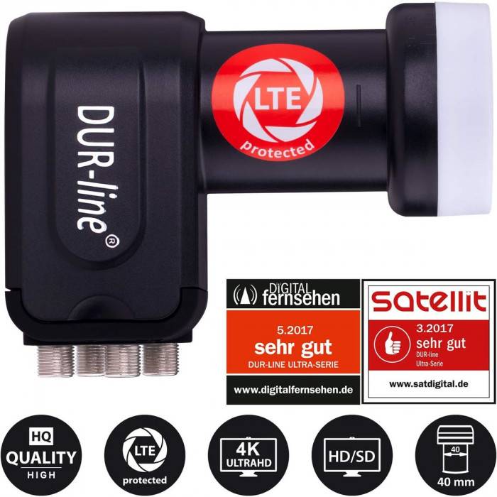 DUR-line 4 Teilnehmer Set - Satelliten-Komplettanlage - Select 75cm/80cm Spiegel/Schüssel Anthrazit + Quad LNB 4 Teilnehmer - DVB-S2 HDTV 4K 3D