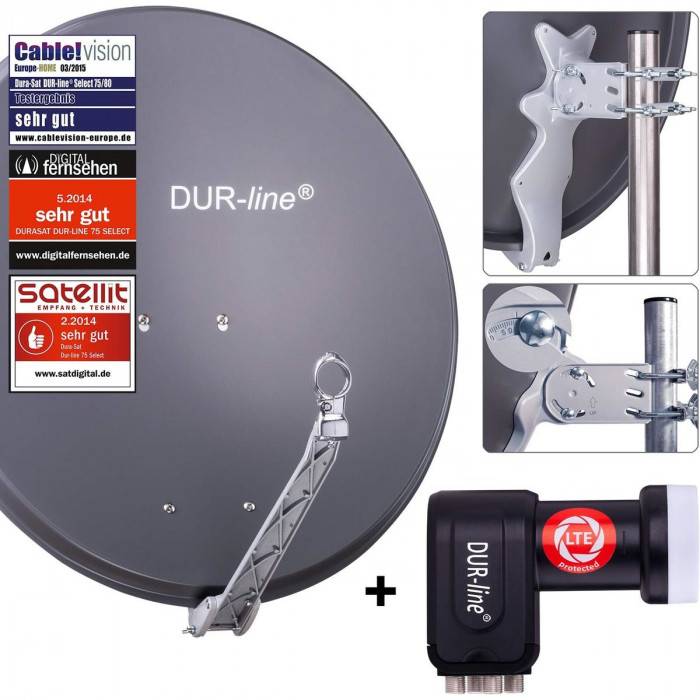 DUR-line 4 Teilnehmer Set - Satelliten-Komplettanlage - Select 75cm/80cm Spiegel/Schüssel Anthrazit + Quad LNB 4 Teilnehmer - DVB-S2 HDTV 4K 3D