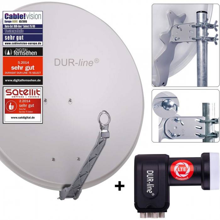 DUR-line 4 Teilnehmer Set - Satelliten-Komplettanlage - Select 75cm/80cm Spiegel/Schüssel Hellgrau + Quad LNB 4 Teilnehmer - DVB-S2 HDTV 4K 3D
