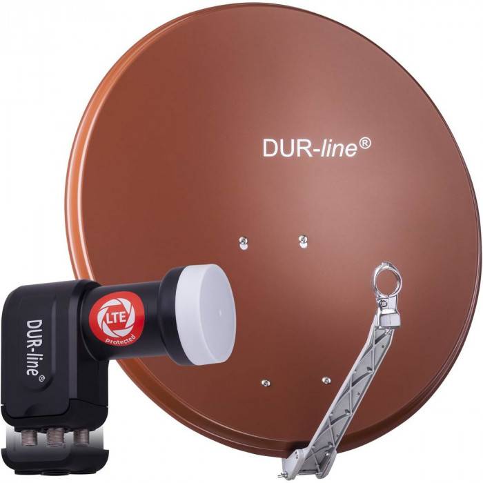 DUR-line 4 Teilnehmer Set - Satelliten-Komplettanlage - Select 75cm/80cm Spiegel/Schüssel Rot + Quad LNB 4 Teilnehmer - DVB-S2 HDTV 4K 3D kompatibel