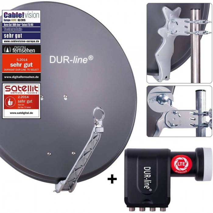DUR-line 8 Teilnehmer Set - Satelliten-Komplettanlage - Select 75cm/80cm Spiegel/Schüssel Anthrazit + Octo LNB 8 Teilnehmer - DVB-S2 HDTV 4K 3D