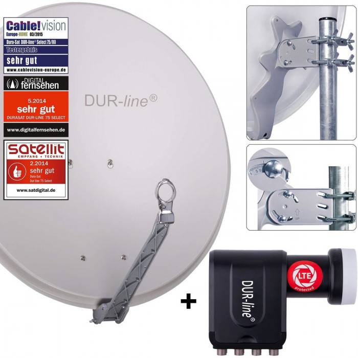 DUR-line 8 Teilnehmer Set - Satelliten-Komplettanlage - Select 75cm/80cm Spiegel/Schüssel Hellgrau + Octo LNB 8 Teilnehmer - DVB-S2 HDTV 4K 3D