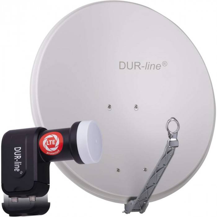 DUR-line 2 Teilnehmer Set - Satelliten-Komplettanlage - Select 75cm/80cm Spiegel/Schüssel Hellgrau + Twin LNB 2 Teilnehmer - DVB-S2 HDTV 4K 3D