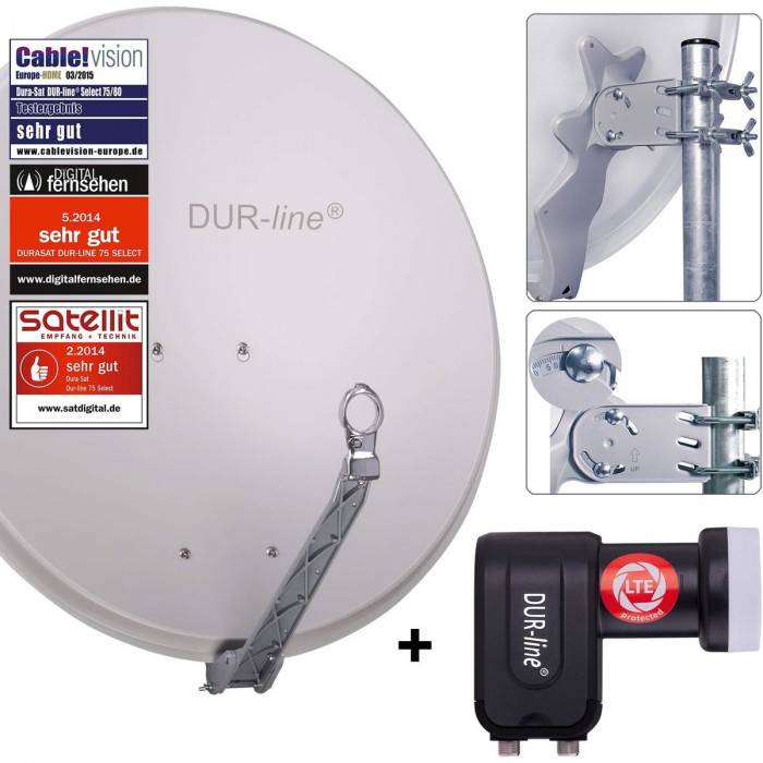 DUR-line 2 Teilnehmer Set - Satelliten-Komplettanlage - Select 75cm/80cm Spiegel/Schüssel Hellgrau + Twin LNB 2 Teilnehmer - DVB-S2 HDTV 4K 3D
