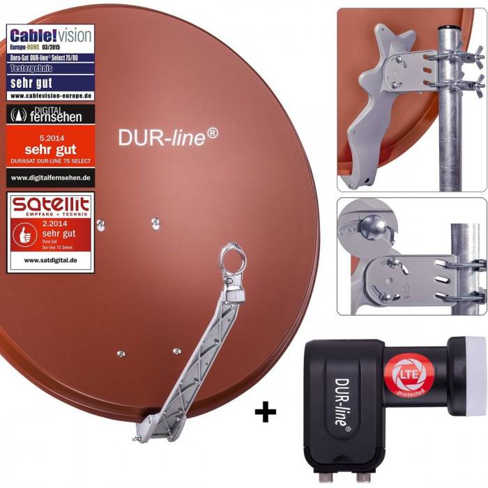 DUR-line 2 Teilnehmer Set - Satelliten-Komplettanlage - Select 75cm/80cm Spiegel/Schüssel Rot + Twin LNB 2 Teilnehmer - DVB-S2 HDTV 4K 3D kompatibel
