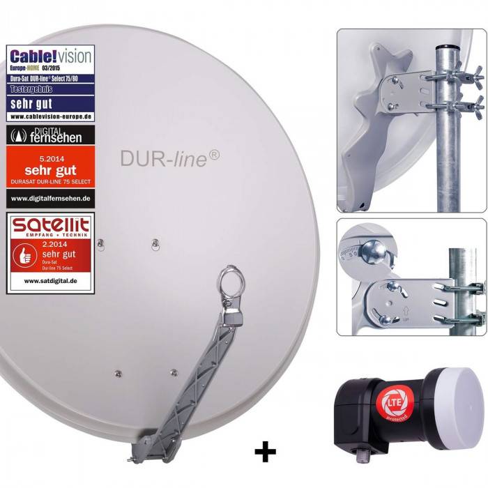 DUR-line 1 Teilnehmer Set - Satelliten-Komplettanlage - Select 75cm/80cm Spiegel/Schüssel Hellgrau + Single LNB 1 Teilnehmer - DVB-S2 HDTV 4K 3D
