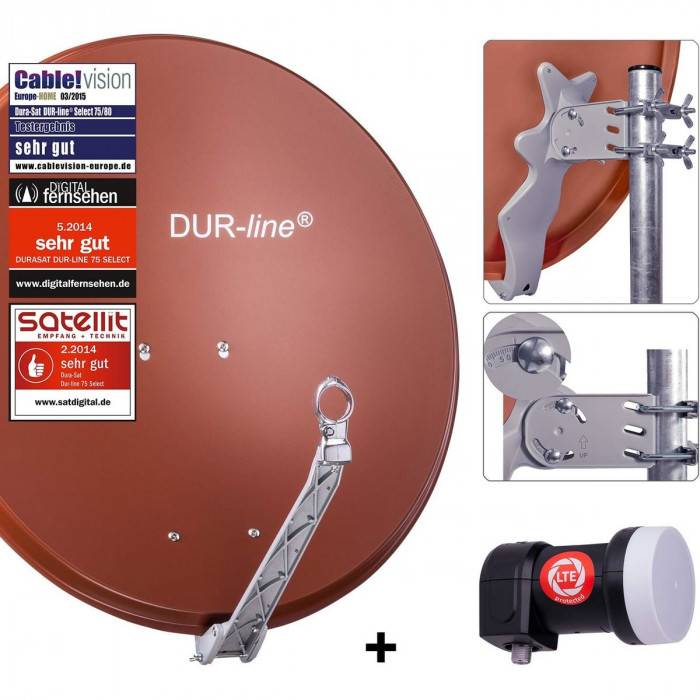 DUR-line 1 Teilnehmer Set - Satelliten-Komplettanlage - Select 75cm/80cm Spiegel/Schüssel Rot + Single LNB 1 Teilnehmer - DVB-S2 HDTV 4K 3D
