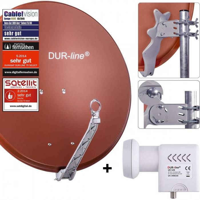DUR-line 24 Teilnehmer Unicable-Set - Satelliten-Komplettanlage - Select 75cm/80cm Spiegel/Schüssel Rot + Unicable LNB 24 Teilnehmer - DVB-S2 HDTV
