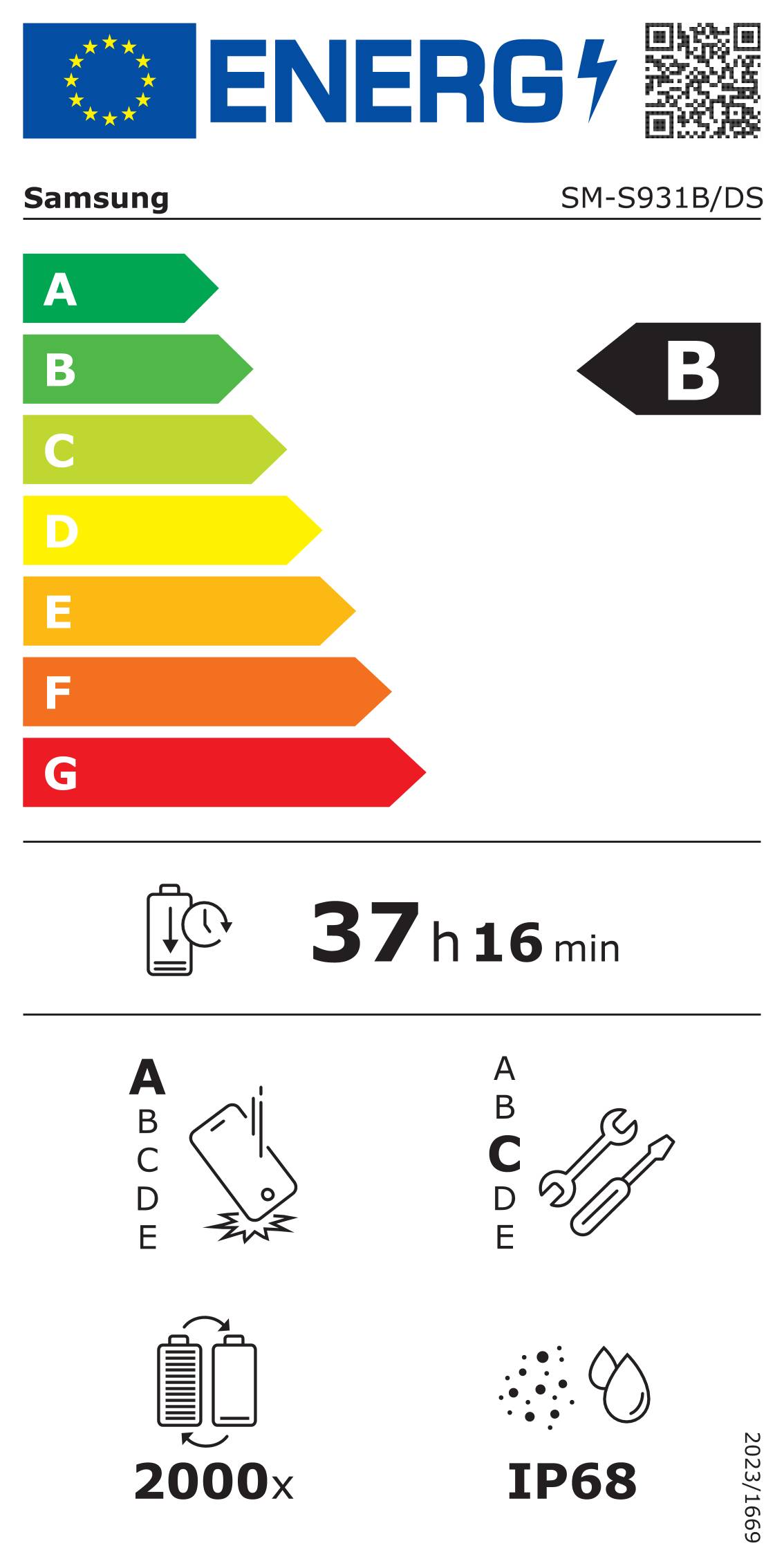 Energieeffizienz-Etikett mit Bewertungen von A bis G, wobei B hervorgehoben ist. Geschätzte Batterielaufzeit: 37 Stunden und 16 Minuten. Symbole für Batterie und Wartung enthalten.