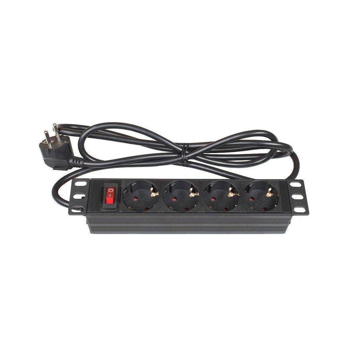 Eine schwarze Steckdosenleiste mit fünf Steckdosen, einem roten Netzschalter und einem angebrachten schwarzen Stromkabel mit Stecker.