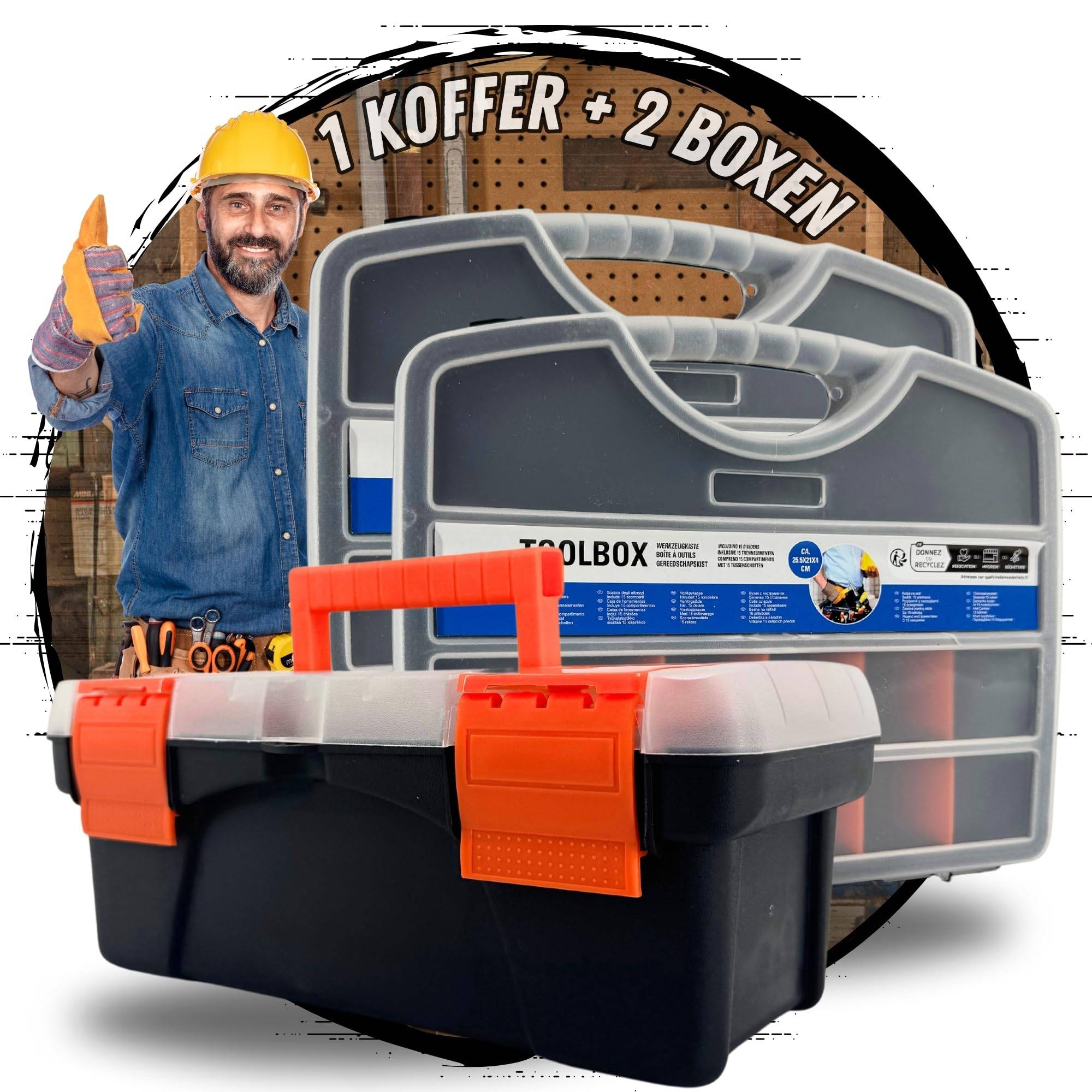1 Werkzeugkoffer + 2 Sortimentsboxen Sortimentskasten Kleinteilemagazin Werkzeug Koffer Kiste leer klein Werkzeugkiste
