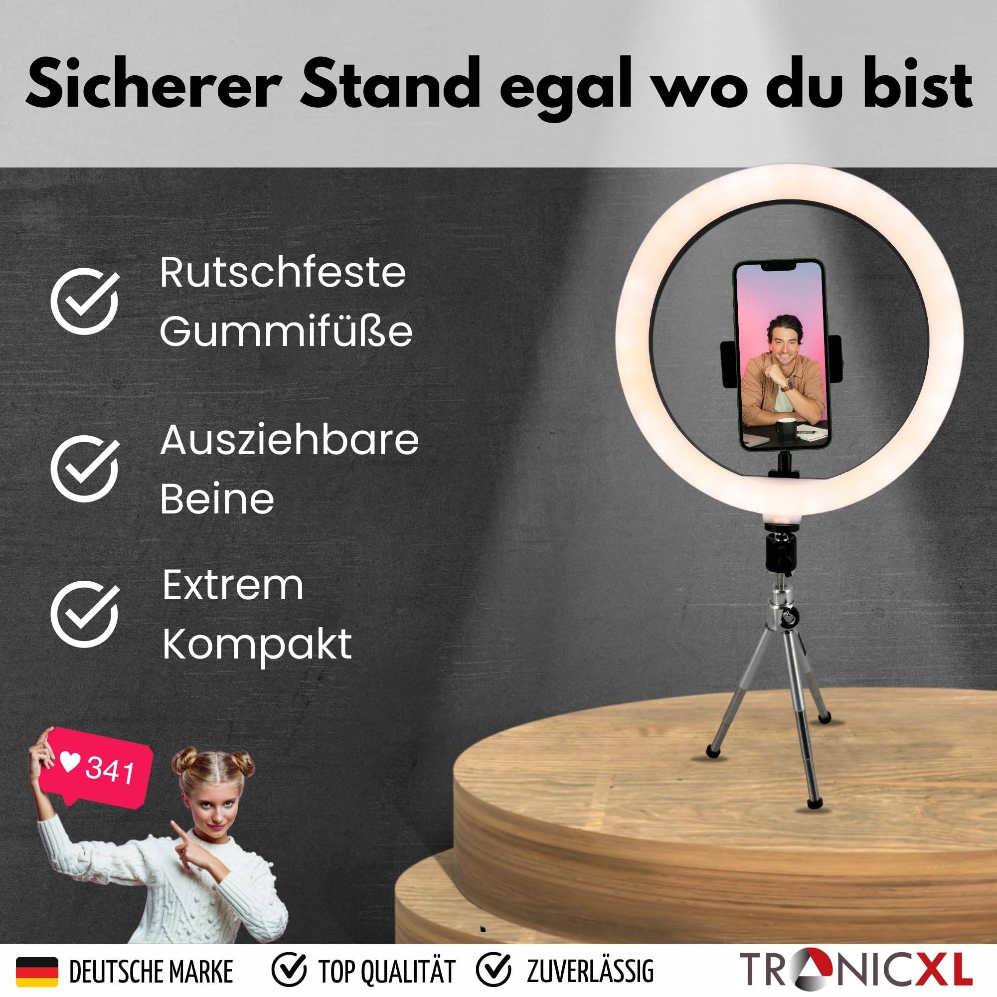 Mini Stativ + XXL Ringlicht Ring Light mit Handyhalter Tripod Beauty Licht Kamerastativ Smartphone Halterung I für YouTube Video Streaming