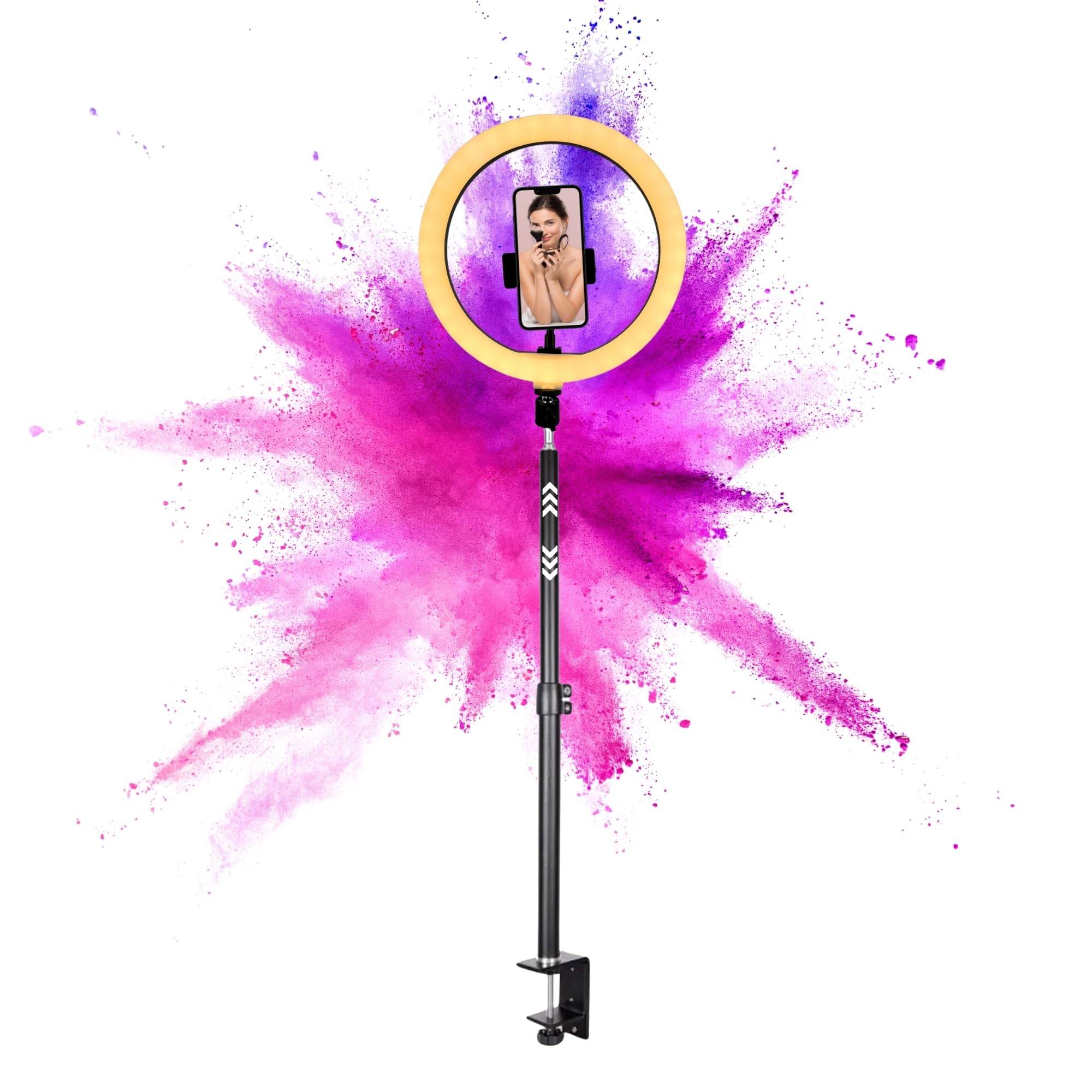 Ringlicht mit Klemmstativ Tisch Stativ Ring Light Handyhalter kompatibel mit iPhone Smartphone Licht Halterung für YouTube Video Stream TikTok Foto