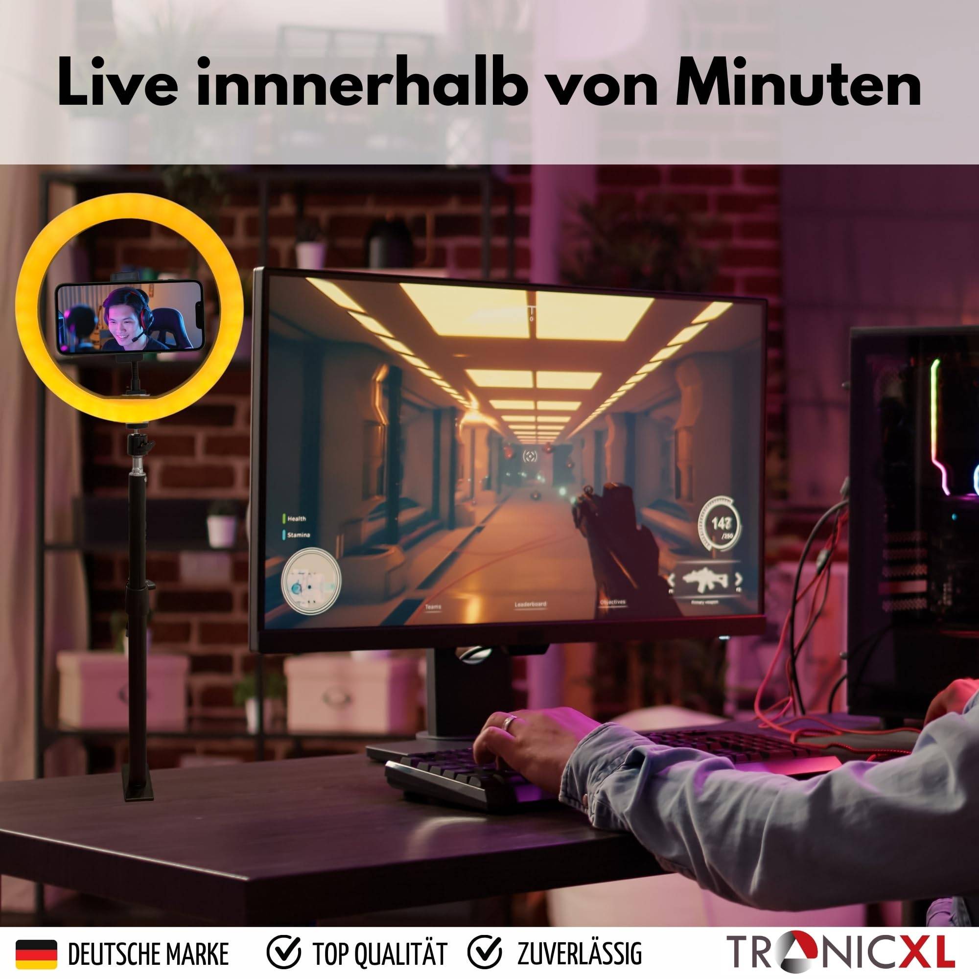 Ringlicht mit Klemmstativ Tisch Stativ Ring Light Handyhalter kompatibel mit iPhone Smartphone Licht Halterung für YouTube Video Stream TikTok Foto