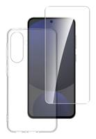 Ein Smartphone mit einer daneben liegenden Displayschutzfolie, die sowohl die Vorderansicht des Telefons als auch die transparente Schutzfolie zeigt.