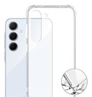 Ein durchsichtiges Handyschutzhülle wird neben einem Smartphone mit drei Rückkameras gezeigt. Die Hülle ist transparent und präsentiert das Design des Telefons.