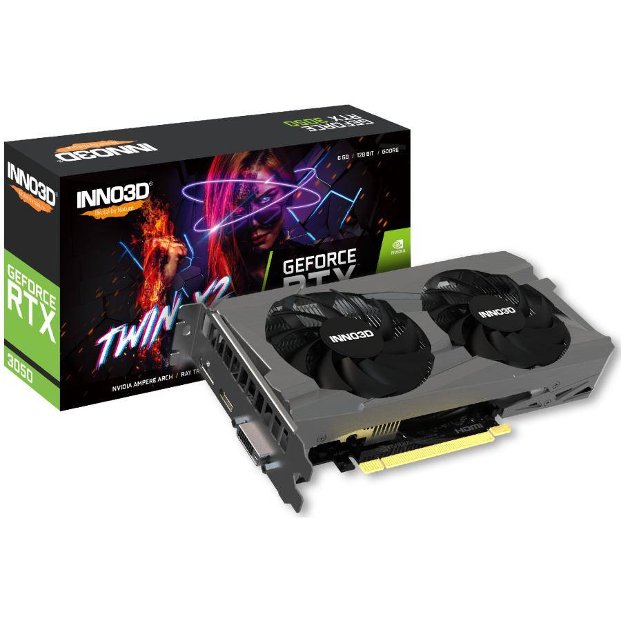 Inno3D GeForce RTX 3050 Twin X2 Grafikkarte gezeigt mit ihrer Einzelhandelsverpackung und Dual-Fan-GPU auf weißem Hintergrund.