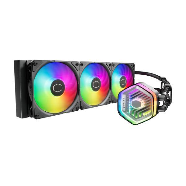 PC-Flüssigkühler mit drei RGB-Lüftern und beleuchteten Pumpenblock mit angeschlossenen Schläuchen