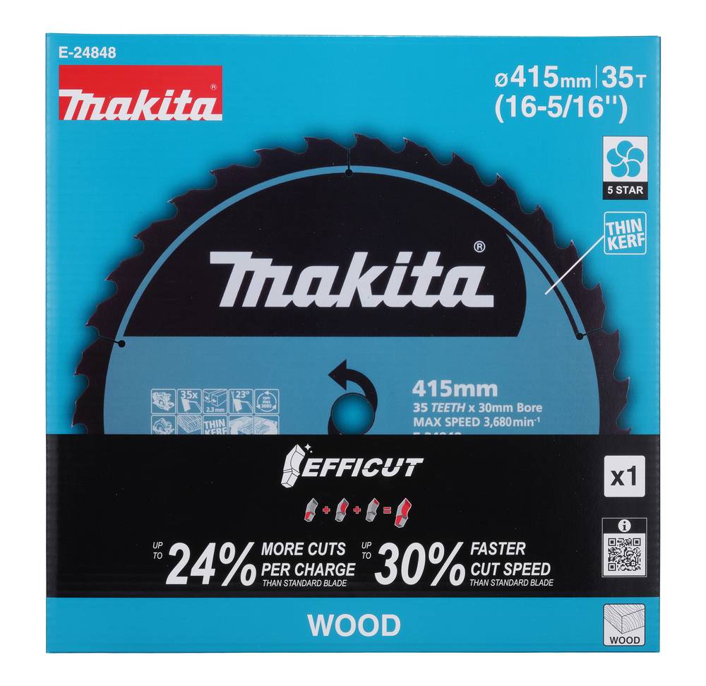 Makita 415-mm-Sägeblatt mit 35 Zähnen für Holz, Paket mit der Bezeichnung 'EFFCUT', '24% mehr Schnitte pro Ladung' und '30% schnellere Schnittgeschwindigkeit'.