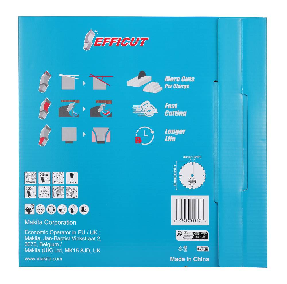 Blaue EFFICUT Makita-Sägeblattpakete auf der Rückseite mit Schnitteffizienzen-Diagrammen, Symbolen, Barcode, Produktdetails und „Made in China