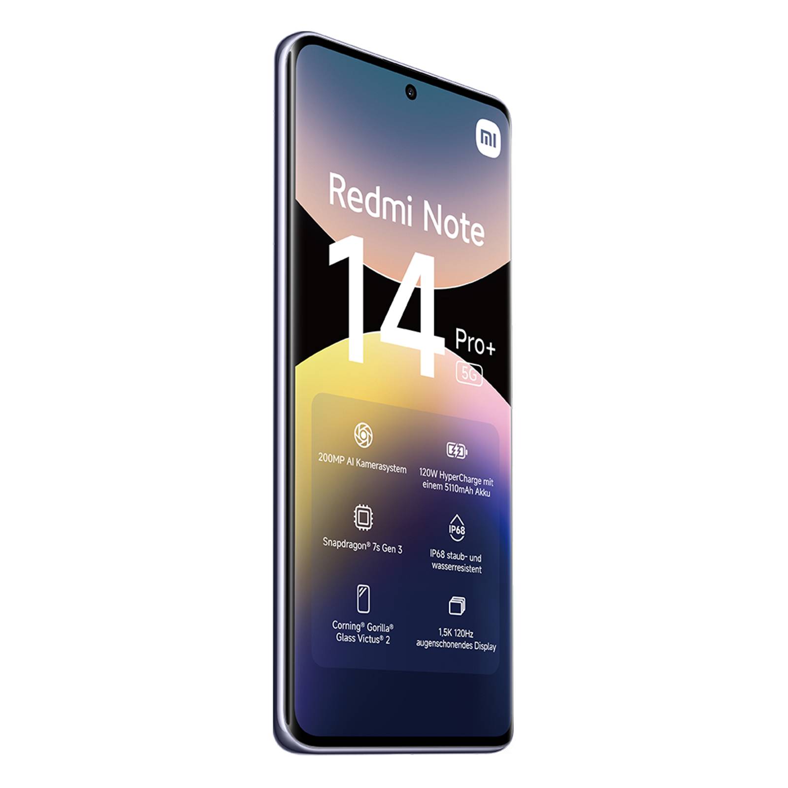 Redmi Note 14 Pro+ Smartphone in Vorderansicht mit zentriertem Punch-Hole-Display und Spezifikationen einschließlich 200-MP-Kamera, 120W-Ladung und 5G.
