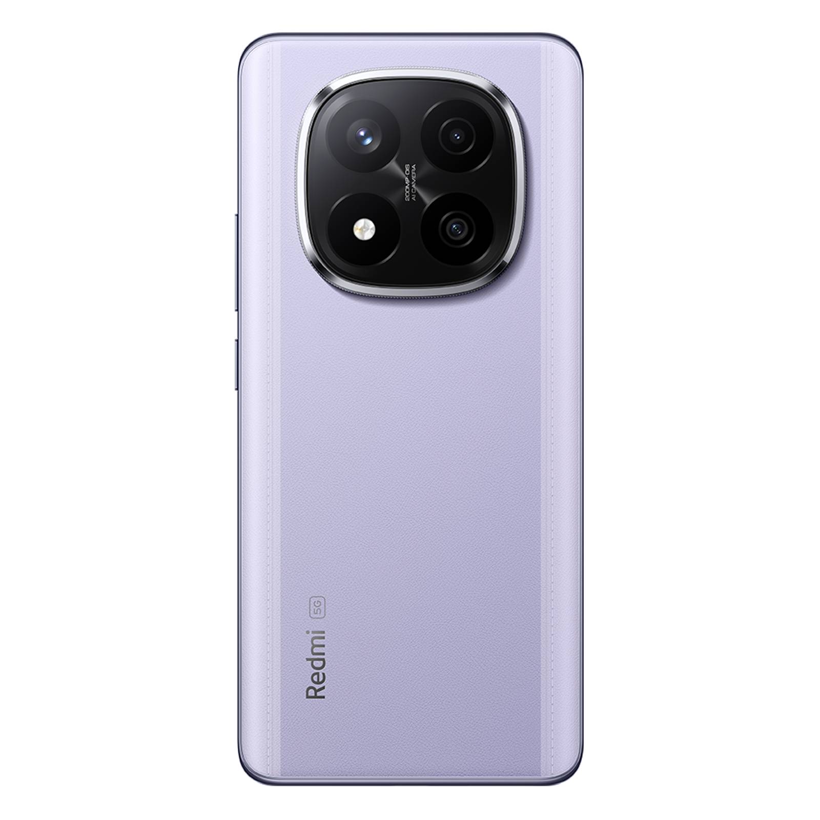 Rückansicht eines lavandafarbenen Redmi-Smartphones mit einem großen quadratischen Dreifach-Kameramodul auf schwarzem Hintergrund.