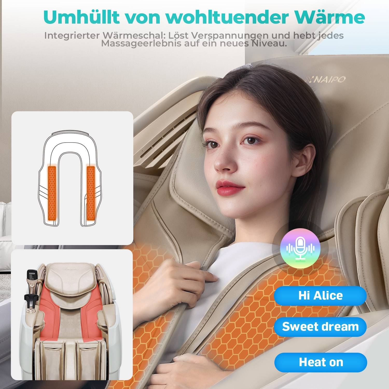 Naipo 3D Massagesessel R50 weiß, High-End Massagestuhl, Wärmefuktion, Weiß