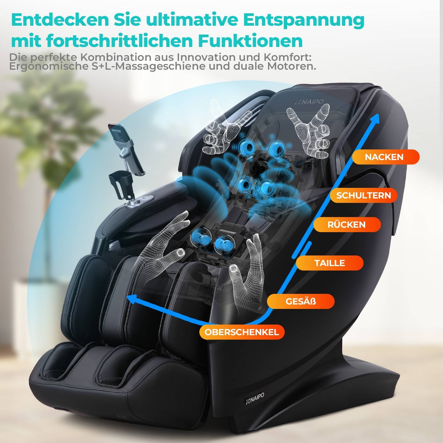 Naipo 3D Massagesessel R50 weiß, High-End Massagestuhl, Wärmefuktion, Schwarz
