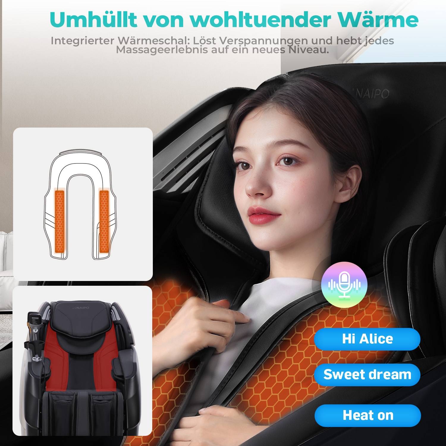 Naipo 3D Massagesessel R50 weiß, High-End Massagestuhl, Wärmefuktion, Schwarz