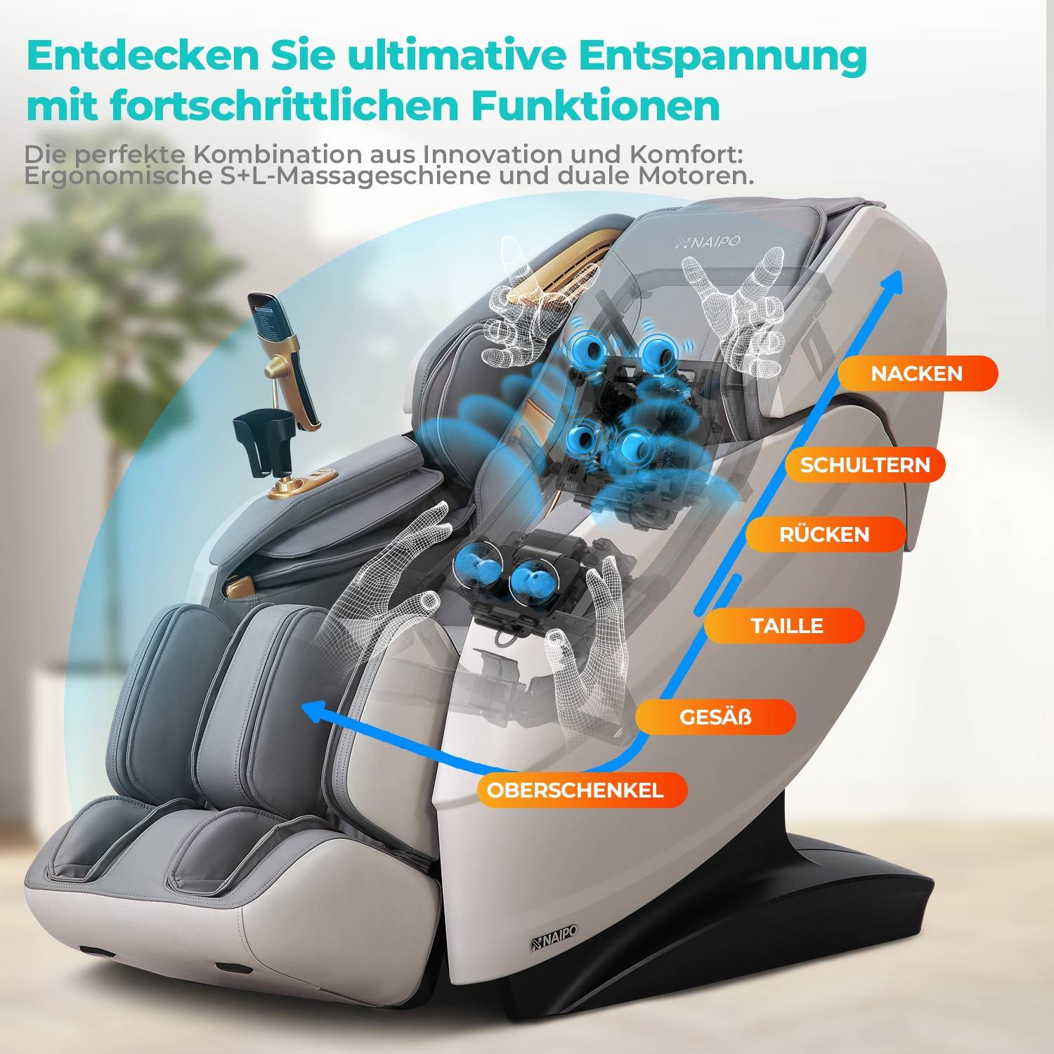 Naipo 3D Massagesessel R50 weiß, High-End Massagestuhl, Wärmefuktion, Grau
